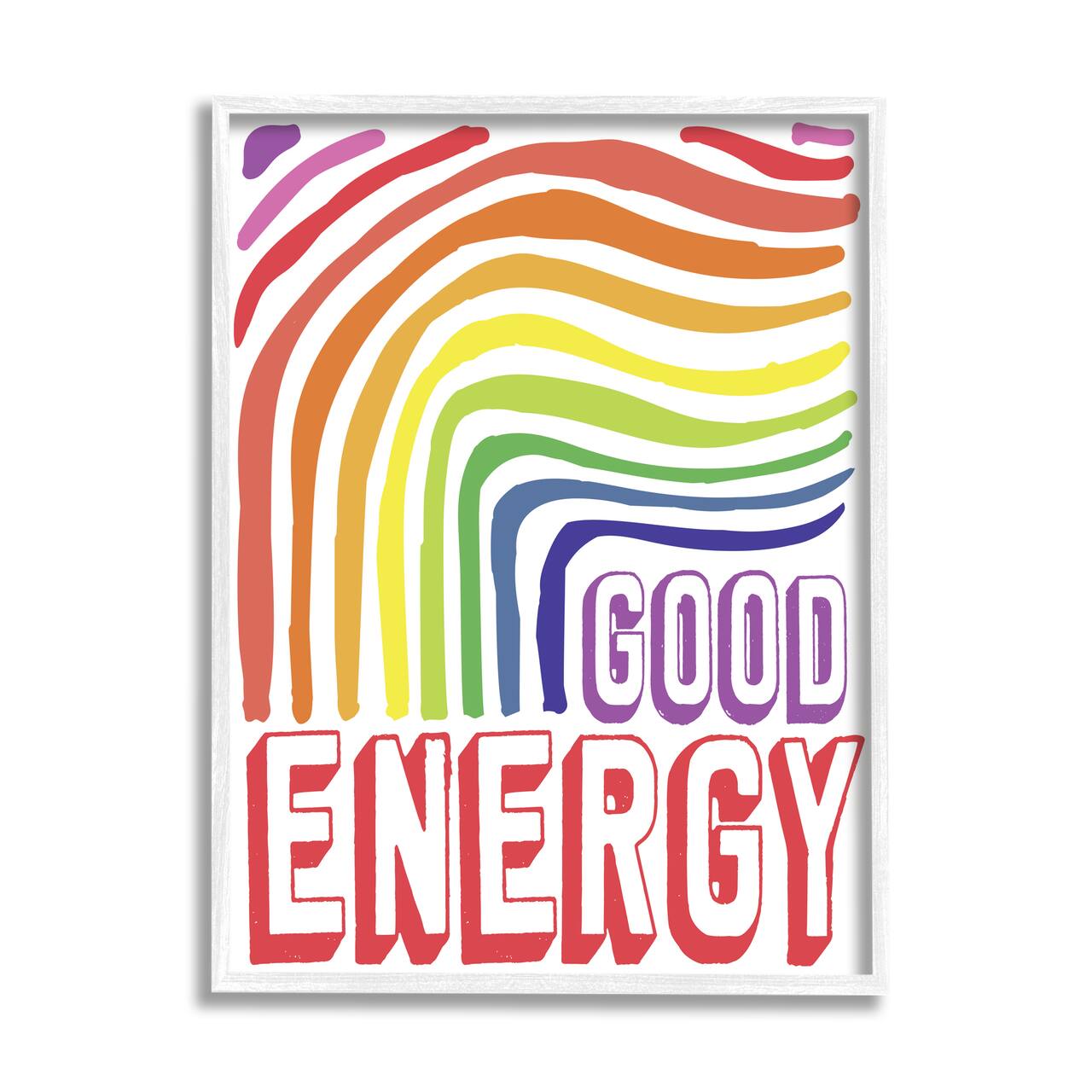 Stupell Industries Good Energy Phrase Abstract Rainbow Waves Bold Typography Framed Wall Art